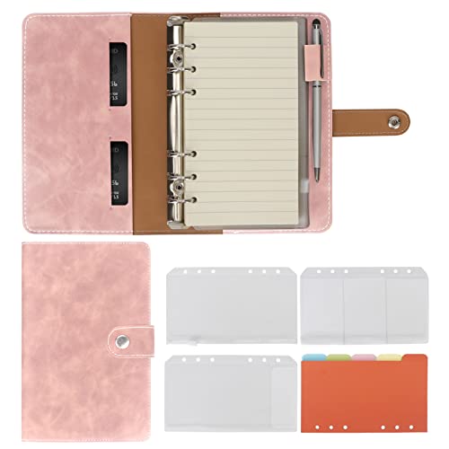 Simpolor Leder A6 Ring Binder Notizbuch, 6 Ring A6 Binder mit A6 Nachfüllpapier, Binder Taschen und Betreff Teiler Papierblatt, Reise Binder Journal Personal Planner mit Ring Binder, Rosa von Simpolor