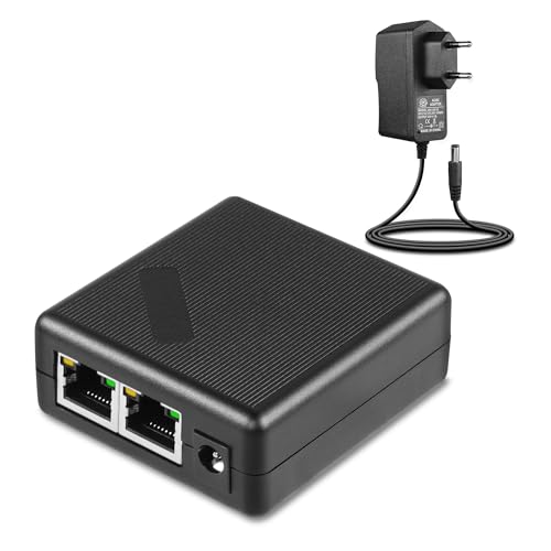 SinLoon 2 Port-Gigabit-Ethernet-Netzwerk-Splitter RJ45 1 auf 2 1000/100 Mbit/s Ethernet-Adapter-Splitter mit 2-poligem europäischem EU-auf-DC5521-Steckdosenkabel für Computer, Hub, Switch, Router von SinLoon