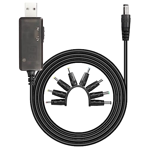 SinLoon USB-auf-DC-Boosterkabel, Powerbank-Routerkabel, 5 V auf 9 V, 12 V Boost-Digitalanzeige, verstellbares 5521 m langes USB-Kabel mit 8 DC-Steckern von SinLoon