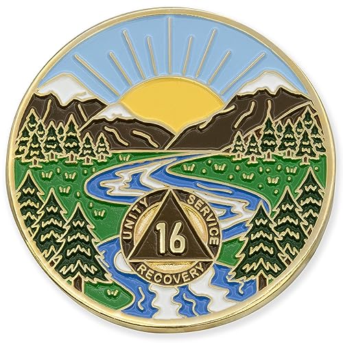 16 Year Sobriety Mint Winding River Gold Plated AA Recovery Medallion/Chip/Token von Sincelo