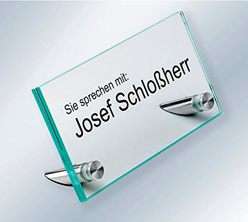 Tischaufsteller, Namensschild, Empfangsschild, ESG-Glas, 155x80x4 mm, 60° Aufstellwinkel, Schilderhalter Edelstahl mit flachem Kopf von Sindutec