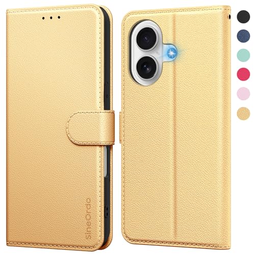 SineOrdo Handyhülle iPhone 16 Hülle,Leder Klapphülle iPhone 16 Flip Case [Kartenfach] [Ständer] Wallet Schutzhülle Klappbar Tasche - Gold von SineOrdo
