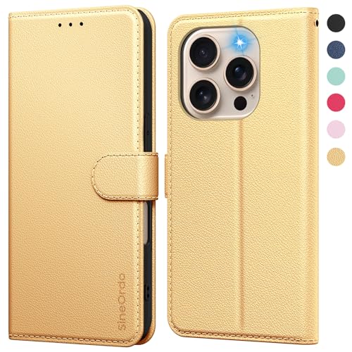 SineOrdo Handyhülle iPhone 16 Pro Hülle,Leder Klapphülle iPhone 16 Pro Flip Case [Kartenfach] [Ständer] Wallet Schutzhülle Klappbar Tasche - Gold von SineOrdo