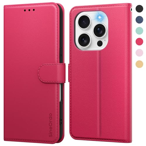 SineOrdo Handyhülle iPhone 16 Pro Hülle,Leder Klapphülle iPhone 16 Pro Flip Case [Kartenfach] [Ständer] Wallet Schutzhülle Klappbar Tasche - Magenta von SineOrdo
