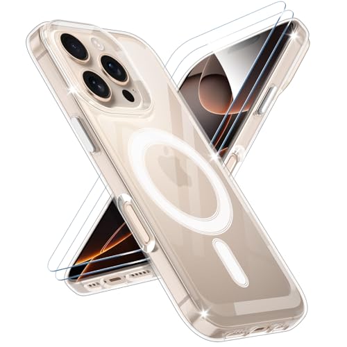 SineOrdo Magnetisch Handyhülle für iPhone 16 Pro Hülle mit 2 Stück Schutzfolie [Kompatibel mit Magsafe], Anti-Gelb Stoßfest 360 Grad Schutzhülle iPhone 16 Pro Case Klar Silikon - Durchsichtig von SineOrdo