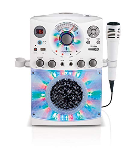 Karaoke-System mit Bluetooth-Anschluss - Singing Machine SML385U in Weiß für Europa - LED-Lichteffekte, Mikrofon, USB, RCA-Ausgänge, Echo- und Balance-Regler und AUX-Eingang. von Singing Machine