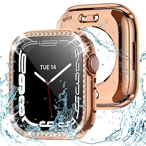 2-in-1 Bling wasserdichte Hülle für Apple Watch Serie 8 7 45 mm, 360 Schutz PC Abdeckung vorne und hinten Stoßstange mit gehärtetem Glas Displayschutzfolie, Crystal Diamond iWatch Hüllen für Frauen, von Singiuzoo