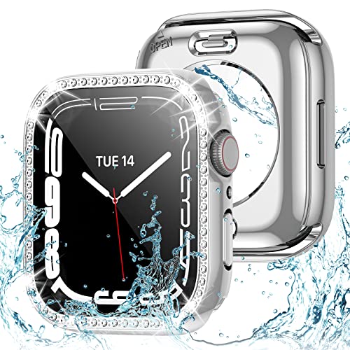2 in 1 Bling wasserdichte Hülle für Apple Watch Series 8 7 41mm, 360 Protective PC Cover Front & Back Bumper with Tempered Glass Screen Protector, Crystal Diamond iWatch Cases for Women, 41mm Silver von Singiuzoo