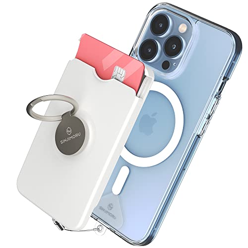 Sinjimoru Magnetischer Handy Kartenhalter mit Handy Ring, Handy Kreditkartenetui mit Handy Ständer Magnetic Card Holder Wallet für iPhone 15 14 13 12 Reihe. M-Ringo Slot Weiss von Sinjimoru
