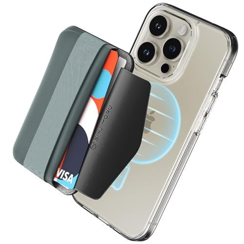 Sinjimoru Magnetischer Handy Kartenhalter mit elastischem Fingerhalter, Kartenetui mit weichem kompatibel mit MagSafe Wallet für iPhone 16, 15, 14, 13 & 12 Reihe. M-Band Blau Grau von Sinjimoru