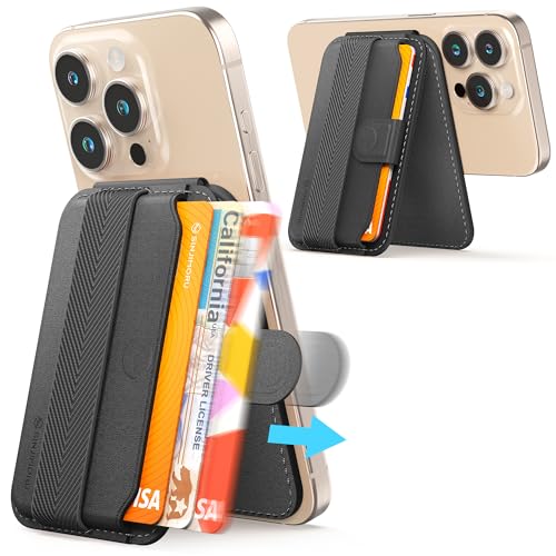 Sinjimoru Magnetischer Kartenhalter mit Auswurffunktion, Handybrieftasche für MagSafe mit Ständer, kompatibel mit iPhone 16 15 14 13 12 Serie. M-Pull Tab Stand Schwarz von Sinjimoru