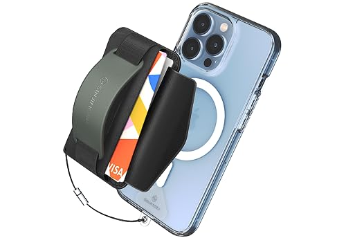 Sinjimoru Rutschfester Magnetischer Handy Kartenhalter mit Fingergriff, Kreditkartenetui kompatibel mit MagSafe Wallet Magnetic Card Holder Wallet für iPhone 16 15 14 13 12 Reihe. M-BGrip Olive Grau von Sinjimoru