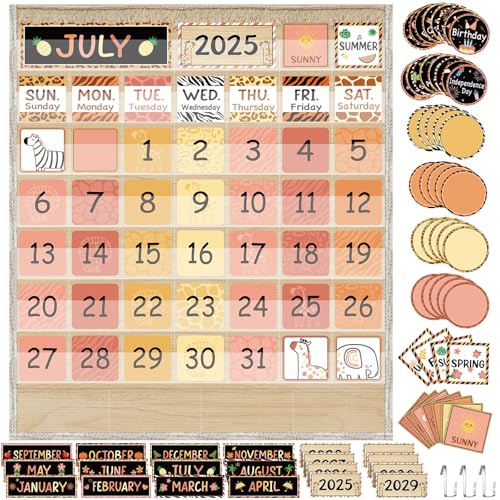 Sinload Klassenzimmerkalender, Taschendiagramm, Kalender, Pinnwand, Set, Jahreszeiten, Festival, Wetter, Taschendiagramm für Klassenzimmer, Dekoration, Schulbedarf (Boho-Safari) von Sinload