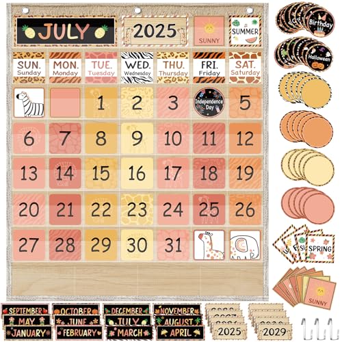 Sinload Klassenzimmerkalender, Taschendiagramm, Kalender, Pinnwand, Set, Jahreszeiten, Festival, Wetter, Taschendiagramm für Klassenzimmer, Dekoration, Schulbedarf (Boho-Safari) von Sinload