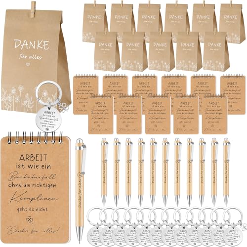 Sinmoe 12 Set Danke Geschenke für Kollegen Lehrer Spirale Notizblock Holz Kugelschreiber Kraftpapiertüte Schlüsselanhänger Holzklammer Abschiedsgeschenk(ARBEIT Ist wie ein Banküberfall) von Sinmoe