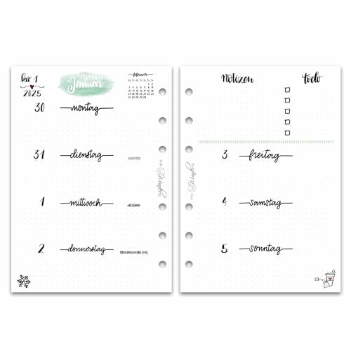 SinnWunder® Kalendereinlage 2025 Größe ECHTES Din A6– 1 Woche auf 2 Seiten – Für 6-Ringplaner - LetteringSinn von SinnWunder
