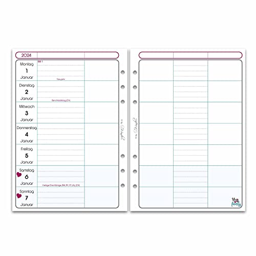 SinnWunder® Premium Kalendereinlagen 2024 - Familien-Kalender mit 1 Woche auf 2 Seiten – Größe Din A5 – 6-fach-Lochung – 3 Designs zur Auswahl von SinnWunder