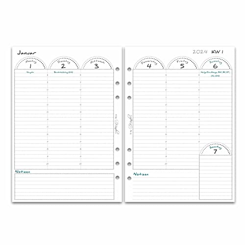 SinnWunder® Premium Kalendereinlagen 2024 - Spalten-Kalender mit 1 Woche auf 2 Seiten – Größe Din A5 – 6-fach-Lochung – PureSinn von SinnWunder