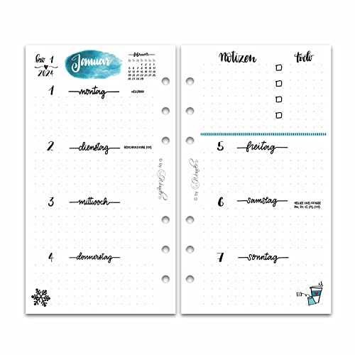 SinnWunder® Premium Kalendereinlagen 2024 - Wochen-Kalender mit 1 Woche auf 2 Seiten – Größe Personal – 6-fach-Lochung – LetteringSinn von SinnWunder
