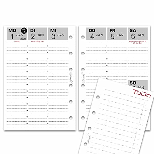 SinnWunder® Premium Kalendereinlagen 2024 - Wochen-Kalender mit 1 Woche auf 2 Seiten – Größe Pocket – mit GRATIS ToDo-Listen - 6-fach-Lochung - BasicSinn von SinnWunder