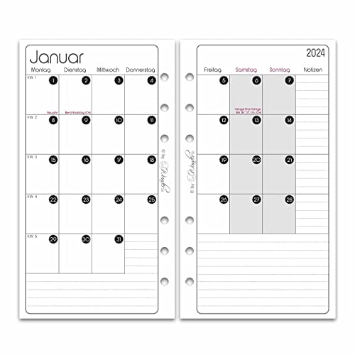 SinnWunder® Premium-Kalendereinlagen 2024 - teilbarer Monatsplan mit 1 Monat auf 4 Seiten - Plus Notizen - Größe Personal von SinnWunder