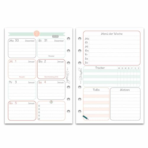 SinnWunder® Premium Kalendereinlagen 2025 - Wochen-Kalender mit 1 Woche auf 2 Seiten – Größe Din A6 – 6-fach-Lochung – 3 Designs zur Auswahl von SinnWunder