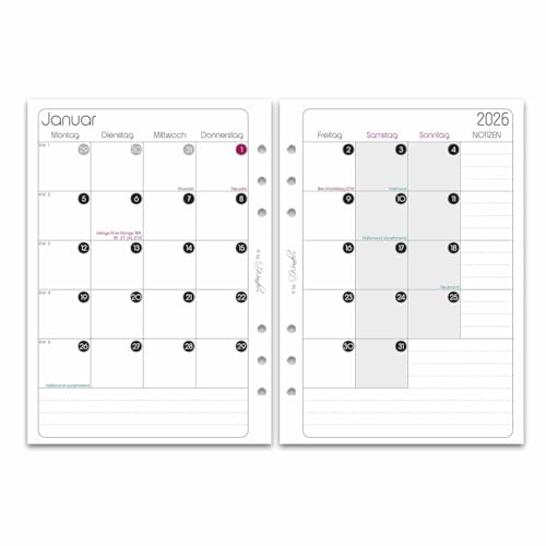 SinnWunder® Premium Kalendereinlagen 2026 – teilbarer Monatskalender mit 1 Monat auf 4 Seiten – Plus Notizen – Größe Din A5 von SinnWunder