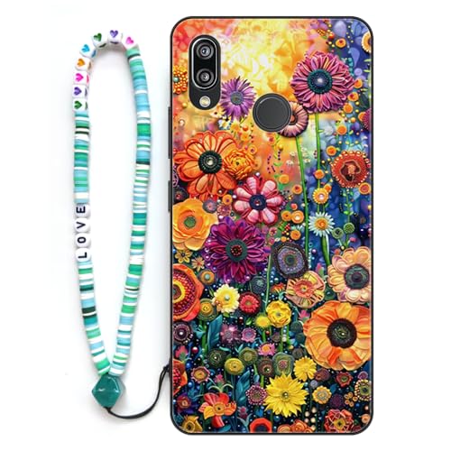Sinyunron Hülle Kompatibel mit Huawei P20 Lite 2018 Handyhülle 2-in-1 Hybrid Set [Stoßfeste TPU Schutzhülle+Gemusterte Rückseite],Handy Schutzschale mit Buntes Schlüsselband,Bunte Blumen von Sinyunron