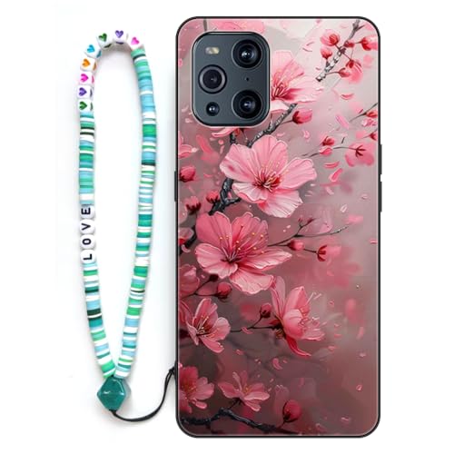 Sinyunron Hülle Kompatibel mit Oppo Find X3 Pro 5G,Handyhülle 2-in-1 Hybrid Set [Stoßfeste TPU Schutzhülle+Gemusterte Rückseite],Handy Schutzschale mit Buntes Schlüsselband,Pfirsichblüte von Sinyunron