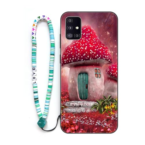 Sinyunron Hülle Kompatibel mit Samsung Galaxy A51 4G,Handyhülle 2-in-1 Hybrid Set [Stoßfeste TPU Schutzhülle+Gemusterte Rückseite],Handy Schutzschale mit Buntes Schlüsselband,Pilz Elfenhaus von Sinyunron