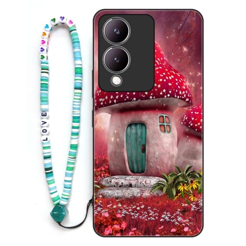 Sinyunron Hülle Kompatibel mit Vivo Y28 5G / Vivo Y17S,Handyhülle 2-in-1 Hybrid Set [Stoßfeste TPU Schutzhülle+Gemusterte Rückseite],Handy Schutzschale mit Buntes Schlüsselband,Pilz Elfenhaus von Sinyunron