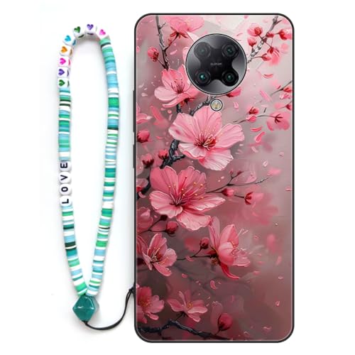 Sinyunron Hülle Kompatibel mit Xiaomi Poco F2 Pro 5G,Handyhülle 2-in-1 Hybrid Set [Stoßfeste TPU Schutzhülle+Gemusterte Rückseite],Handy Schutzschale mit Buntes Schlüsselband,Pfirsichblüte von Sinyunron