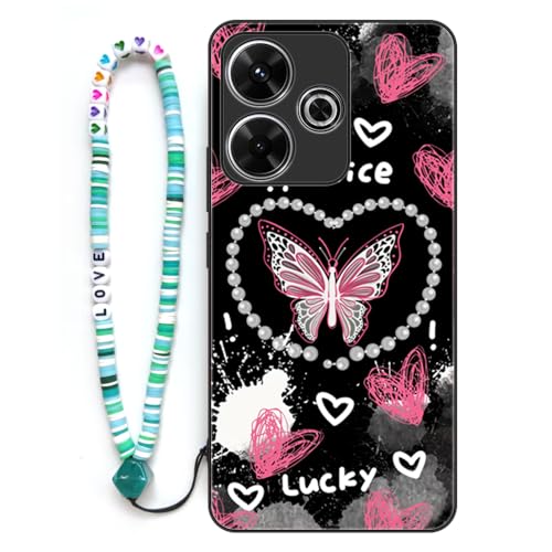 Sinyunron Hülle Kompatibel mit Xiaomi Poco M6 4G,Handyhülle 2-in-1 Hybrid Set [Stoßfeste TPU Schutzhülle+Gemusterte Rückseite],Handy Schutzschale mit Buntes Schlüsselband,Schmetterling-02 von Sinyunron