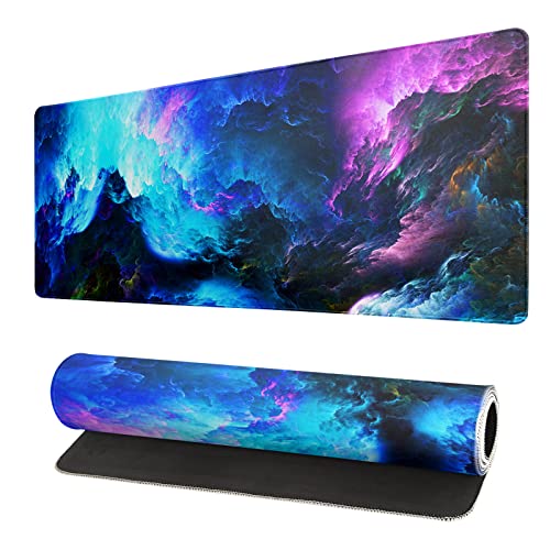 Dazzling Galaxy Gaming Mauspad 31,5 x 11,8 Zoll Blau Lila Galaxie Nebel Universum Weltraum Großes Mousepad Rutschfeste Gummibasis Genähte Kanten Tastatur Mauspad Schreibtischunterlage für Büro Zuhause von Siski