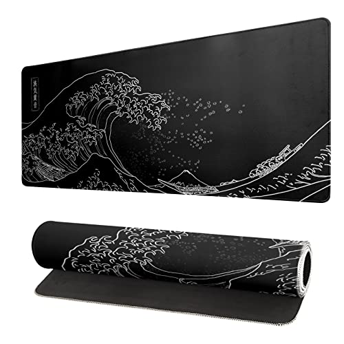 Japanese Sea Wave Gaming Mouse Pad 80 x 20 cm Anime Black Mouse Pad Big Kanagawa Large Mousepad Extended Non-Slip Rubber Base Waterproof Big Keyboard Matte with Stitched Edges for Gaming and Office von Siski