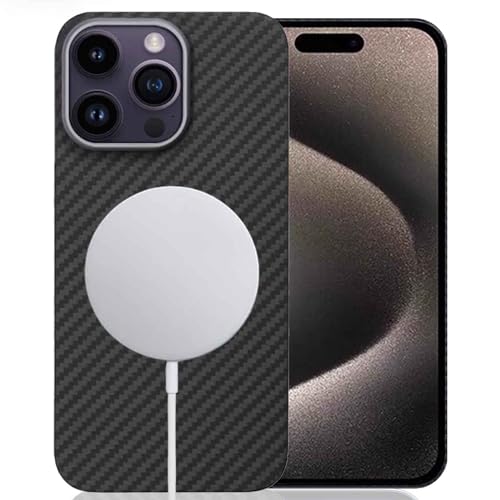 Sisyphy Aramid Hülle Kompatibel mit MagSafe für iPhone 15 Pro (Schwarz 1500D Eingebaute Magneten), Super Schlank Weich Aber Robust mit Karbon-Optik, Snap-on Rückseite Wireless-Ladefreundlich von Sisyphy