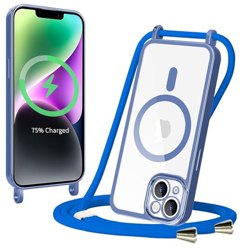 Magnetisch Handykette für iPhone 12 Pro Max Hülle mit Band, Necklace HandyHülle Transparente zum Umhängen mit Kordel Abnehmbarer Stoßfest Schutzhülle Kompatibel mit MagSafe Clear Cover, Blau von Sitthyw