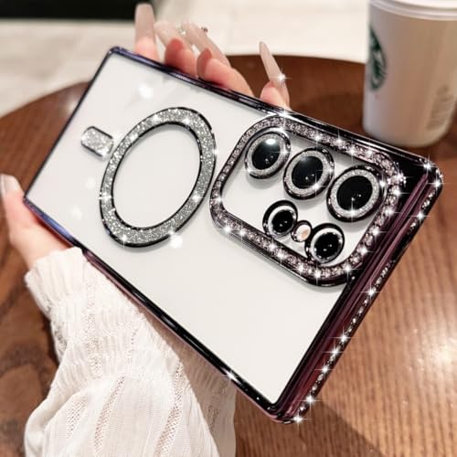 Sitthyw Glitzer Hülle für Samsung Galaxy S24 FE Magnetisch Transparent Handyhülle mit Bling Luxuriös Diamant für Mädchen Damen Weiche TPU Schutzhülle Sparkly Kameraschutz Stoßfest Case Cover, Lila von Sitthyw