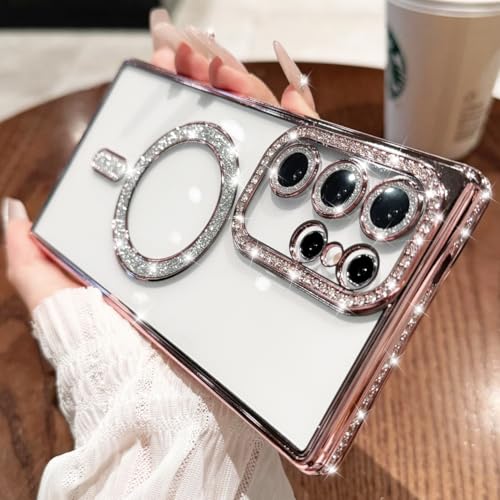 Sitthyw Glitzer Hülle für Samsung Galaxy S24 Plus Magnetisch Transparent Handyhülle mit Bling Luxuriös Diamant für Mädchen Damen Weiche TPU Schutzhülle Sparkly Kameraschutz Stoßfest Case, Rosa von Sitthyw