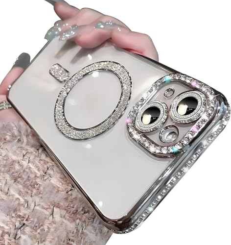 Sitthyw Glitzer Hülle für iPhone 16 Plus Magnetisch Handyhülle Kompatibel mit Mag-Safe, Plating Transparent Case Bling Glitzer Diamant Kameraschutz Stoßfest Schutzhülle für Mädchen Cover, Silber von Sitthyw