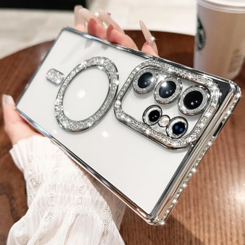 Sitthyw Glitzer Hülle für Samsung Galaxy S24 FE Magnetisch Transparent Handyhülle mit Bling Luxuriös Diamant für Mädchen Damen Weiche TPU Schutzhülle Sparkly Kameraschutz Stoßfest Case Cover, Silber von Sitthyw