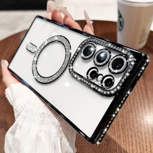Sitthyw Glitzer Hülle für Samsung Galaxy S24 Plus Magnetisch Transparent Handyhülle mit Bling Luxuriös Diamant für Mädchen Damen Weiche TPU Schutzhülle Sparkly Kameraschutz Stoßfest Case, Schwarz von Sitthyw