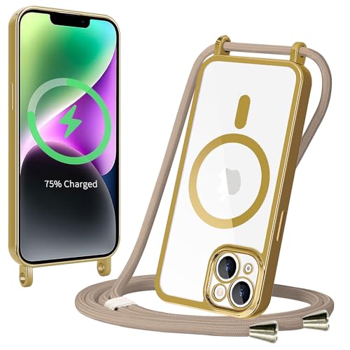 Sitthyw Magnetische Handykette Hülle für iPhone 15 Pro Max mit Band [Kompatibel mit MagSafe] Transparent Silikon TPU Handyhülle mit Kordel zum Umhängen Schutzhülle Stoßfest Necklace Case, Gold von Sitthyw