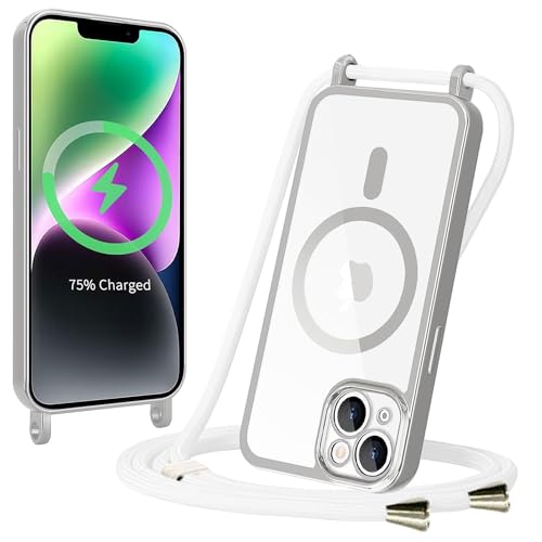 Sitthyw Magnetische Handykette Hülle für iPhone 15 Pro Max mit Band [Kompatibel mit MagSafe] Transparent Silikon TPU Handyhülle mit Kordel zum Umhängen Schutzhülle Stoßfest Necklace Case, Silber von Sitthyw