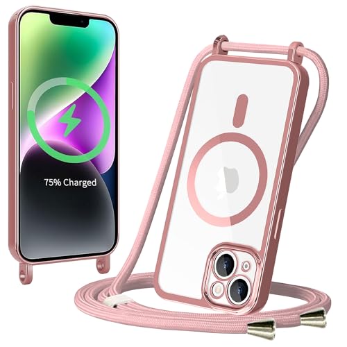 Sitthyw Magnetische Handykette Hülle für iPhone 15 mit Band [Kompatibel mit MagSafe] Transparent Silikon TPU Handyhülle mit Kordel zum Umhängen Schutzhülle Stoßfest Necklace Case, Roségold von Sitthyw