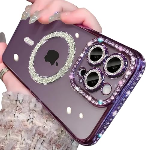 Sitthyw Glitzer Hülle für iPhone 15 Pro Max [Kompatibel mit Mag-Safe] Transparent Handyhülle mit Bling Sparkly Diamant für Mädchen Magnetische Schutzhülle Weiche TPU Bumper Stoßfest Case, Lila von Sitthyw