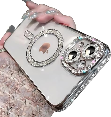 Sitthyw für iPhone 11 Pro Max Hülle Magnetische Glitzer Handyhülle Kompatibel mit Mag-Safe, Transparent Plating Diamant Mädchen Cover Kratzfeste Kameraschutz Bling Crystal Case Schutzhülle, Silber von Sitthyw