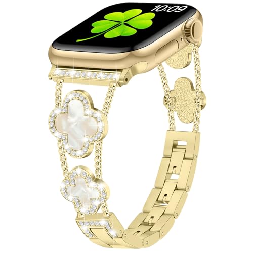 Sixmoat Armbänder kompatibel mit Apple Watch Armband für Damen 38mm 40mm 41mm 42mm(Serie 10), Bling Armband Designer Dressy Glückskleeblatt für iWatch Serie SE 10 9 8 7 6 5 4 3 (Gold) von Sixmoat
