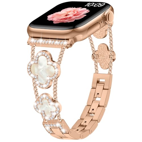 Sixmoat Armbänder kompatibel mit Apple Watch Armband für Damen 38mm 40mm 41mm 42mm(Serie 10), Bling Armband Designer Dressy Glückskleeblatt für iWatch Serie SE 10 9 8 7 6 5 4 3 (Roségold) von Sixmoat