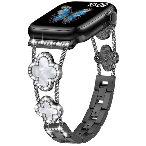 Sixmoat Armbänder kompatibel mit Apple Watch Armband für Damen 38mm 40mm 41mm 42mm(Serie 10), Bling Armband Designer Dressy Glückskleeblatt für iWatch Serie SE 10 9 8 7 6 5 4 3 (Schwarz) von Sixmoat
